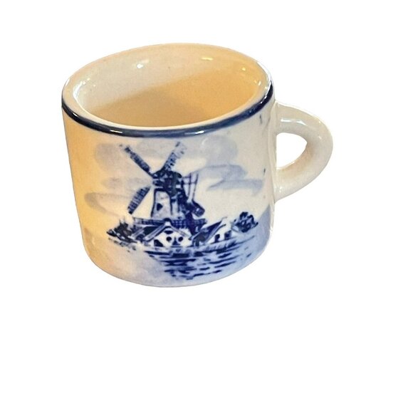 Blue & White  Mini Cup & Saucer Windmill Floral Hand Painted Elesva Holland VTG - Picture 4 of 12
